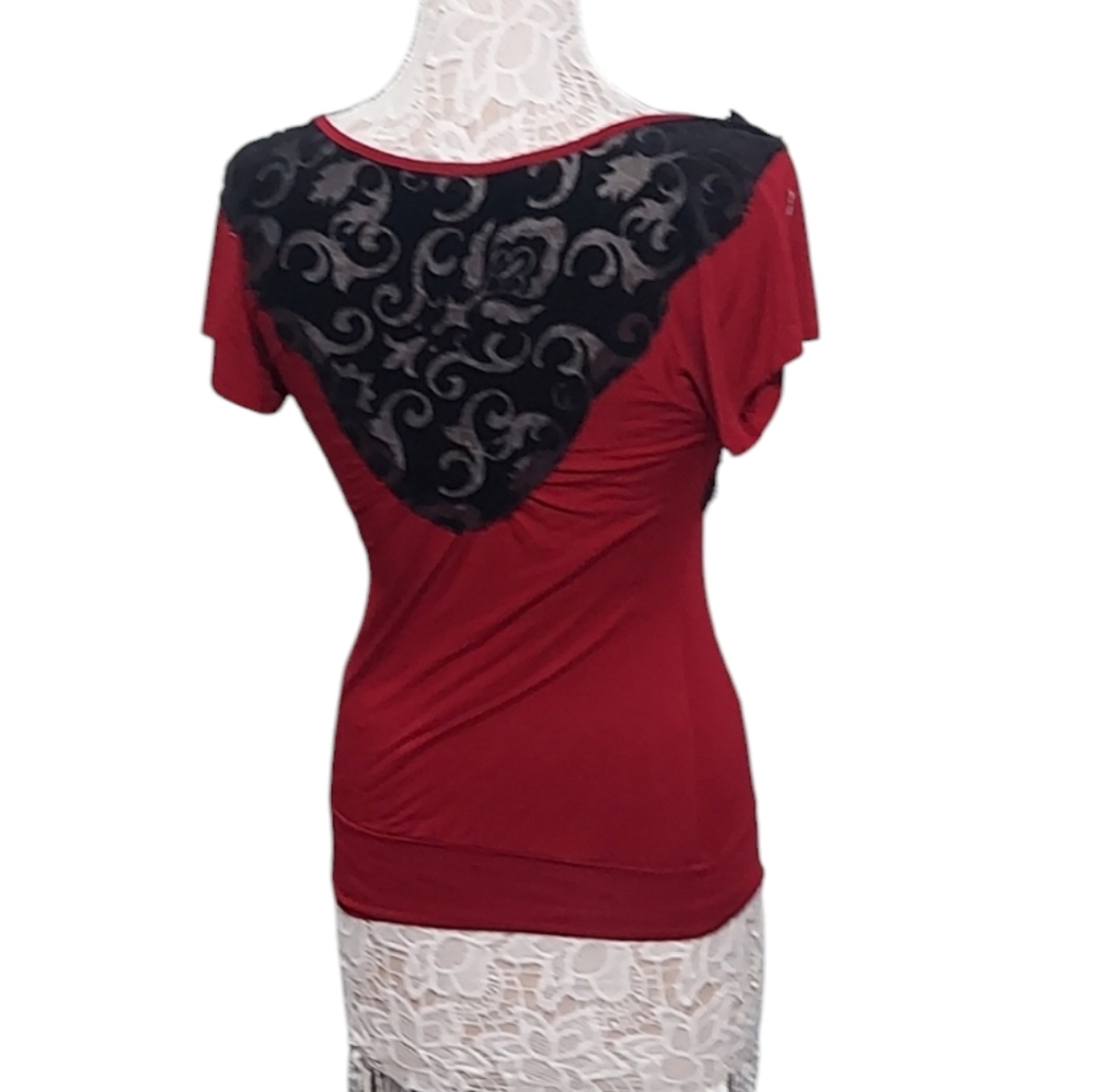 Y2k Stuido Y Maurices Red Top With Velour Burnout Back And Lace Accents Size XS